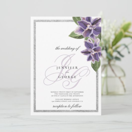 Chic silver glitter purple lavender orchid wedding 招待状 (スタンド正面)