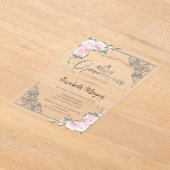 Chic Silver Tiara,Diamond Pink Flowers Quinceañera アクリル招待状 (レイダウン)