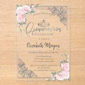 Chic Silver Tiara,Diamond Pink Flowers Quinceañera アクリル招待状 (正面)