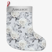 Chic Silver White Roses Floral Christmas   ラージクリスマスストッキング (正面)