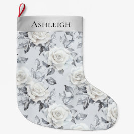 Chic Silver White Roses Floral Christmas   ラージクリスマスストッキング