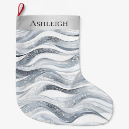 Chic Silver White Wavy Stripes Christmas   ラージクリスマスストッキング