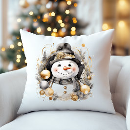 Chic Snowman: Black and Gold Holiday Charm クッション