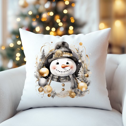 Chic Snowman: Black and Gold Holiday Charm クッション