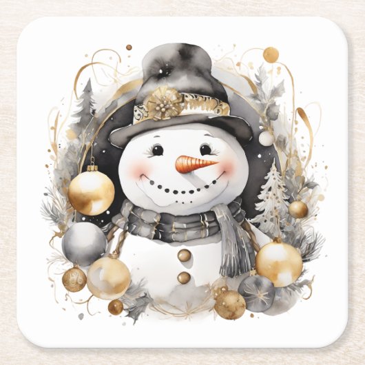 Chic Snowman: Black and Gold Holiday Charm スクエアペーパーコースター (正面)