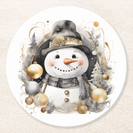 Chic Snowman: Black and Gold Holiday Charm ラウンドペーパーコースター