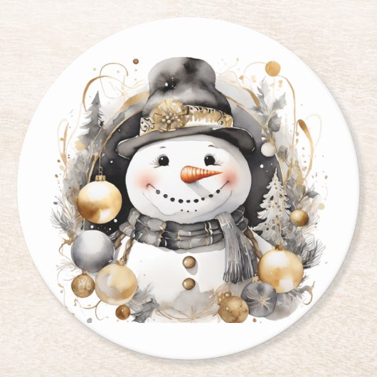 Chic Snowman: Black and Gold Holiday Charm ラウンドペーパーコースター (正面)