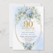 Chic Soft Blue Floral Eucalyptus 90th Birthday 招待状 (正面)