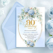 Chic Soft Blue Floral Eucalyptus 90th Birthday 招待状
