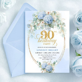 Chic Soft Blue Floral Eucalyptus 90th Birthday 招待状
