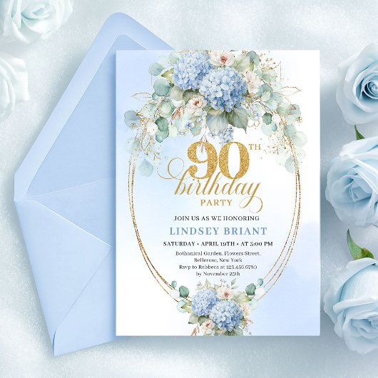 Chic Soft Blue Floral Eucalyptus 90th Birthday 招待状