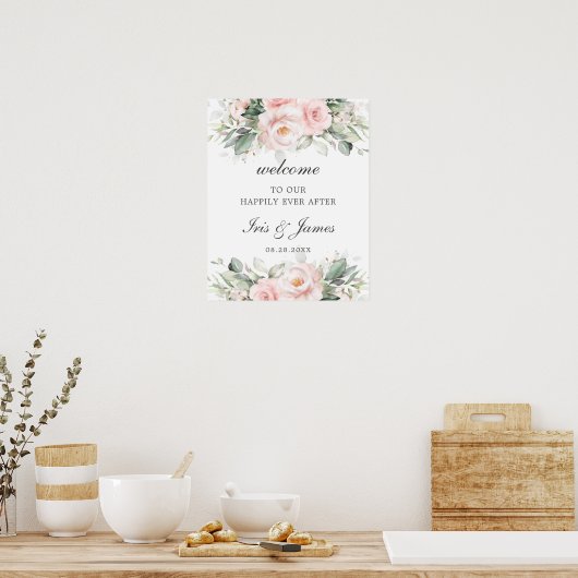 Chic Soft Blush Pink Roses Floral Wedding Welcome  ポスター (キッチン)