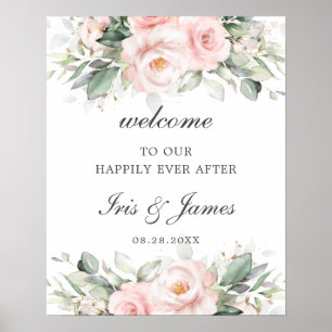 Chic Soft Blush Pink Roses Floral Wedding Welcome ポスター