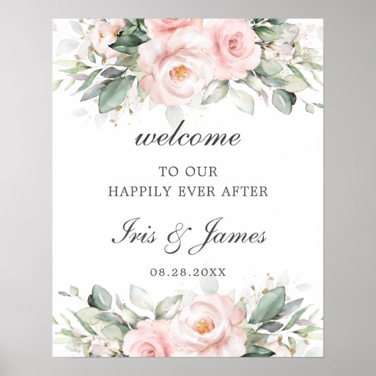 Chic Soft Blush Pink Roses Floral Wedding Welcome  ポスター (正面)