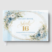 Chic Soft Dusty Blue Floral Gold Sweet Sixteen ゲストブック (正面)