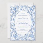 Chic Sophisticated Navy Toile Rose Classic Wedding 招待状 (正面)