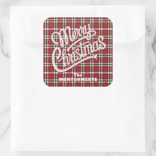 Chic Sparkly Plaid Christmas スクエアシール (バッグ)