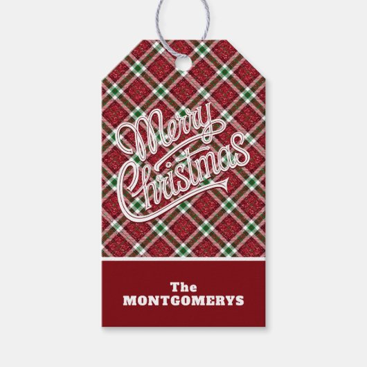 Chic Sparkly Plaid Merry Christmas ギフトタグ (正面)