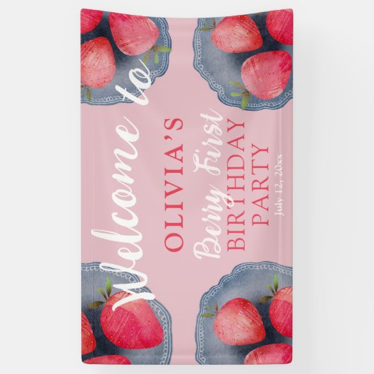 Chic Strawberry Red & Pink 1st Birthday  横断幕 (縦)