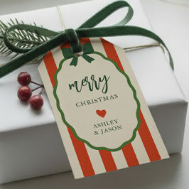 Chic Striped Red & Green Retro Merry Christmas ギフトタグ