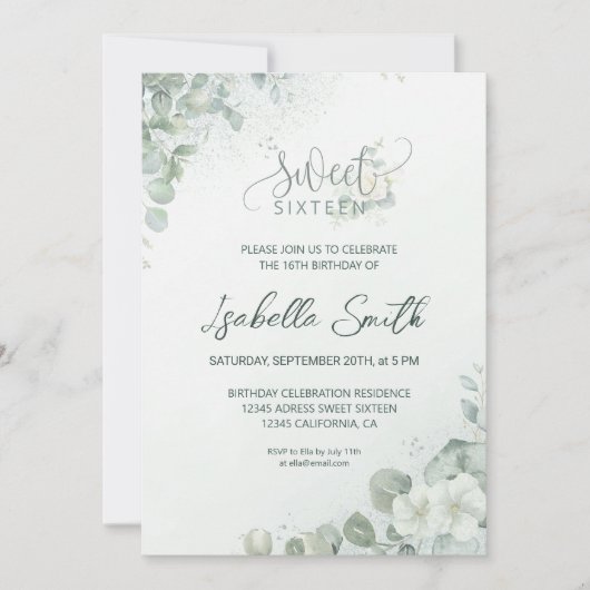 Chic Sweet 16 Roses Botanical Greenery Birthday 招待状 (正面)