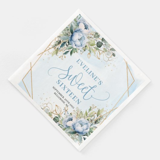 Chic Sweet 16th Dusty Blue and Gold Glitter Napkin (コーナー)