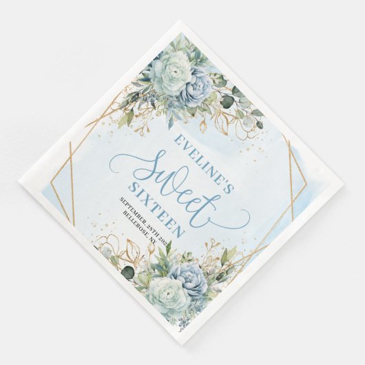 Chic Sweet Sixteen Blue and Gold Floral Table  (コーナー)