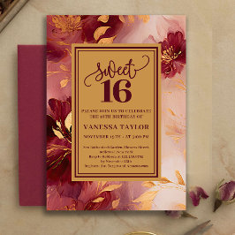 Chic Sweet Sixteen Burgundy Roses Gold Invitation 招待状