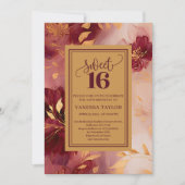 Chic Sweet Sixteen Burgundy Roses Gold Invitation 招待状 (正面)