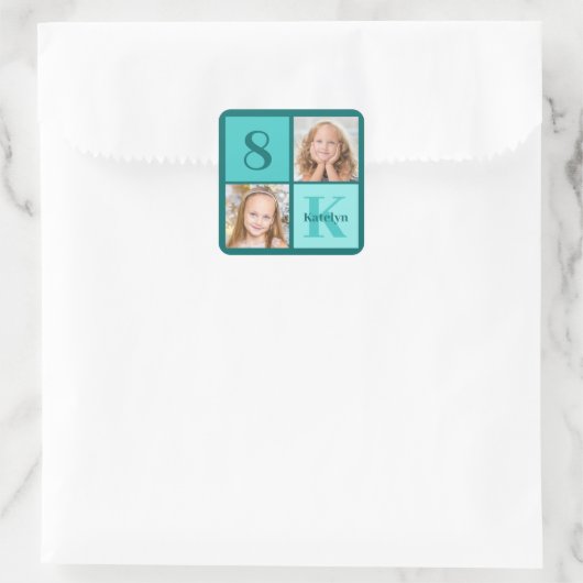 Chic Teal Birthday Party Custom Photo Collage スクエアシール (バッグ)