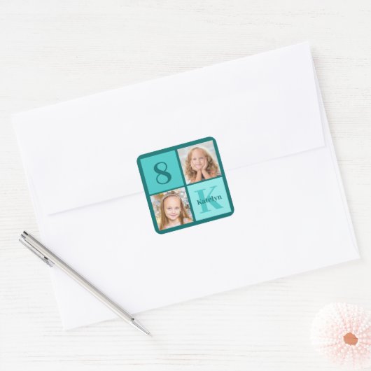 Chic Teal Birthday Party Custom Photo Collage スクエアシール (封筒)