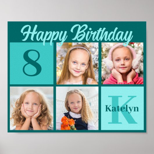Chic Teal Birthday Party Custom Photo Collage ポスター (正面)