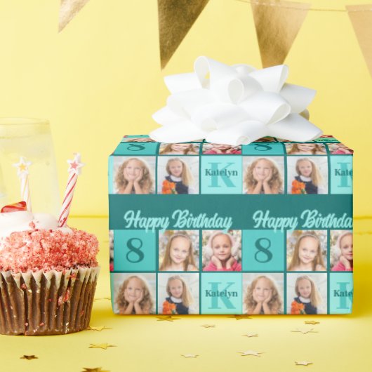 Chic Teal Birthday Party Custom Photo Collage ラッピングペーパー (誕生日パーティー)