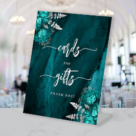 Chic Teal Blue Silver Floral Wedding Cards Gifts 台座サイン