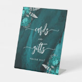 Chic Teal Blue Silver Floral Wedding Cards Gifts 台座サイン (正面)