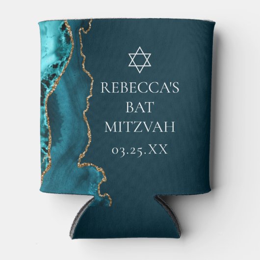 Chic Teal Gold Agate Bat Mitzvah Party 缶クーラー (正面)