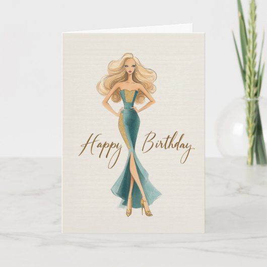 Chic Teal Gold Elegant Fashionista Birthday カード (正面)