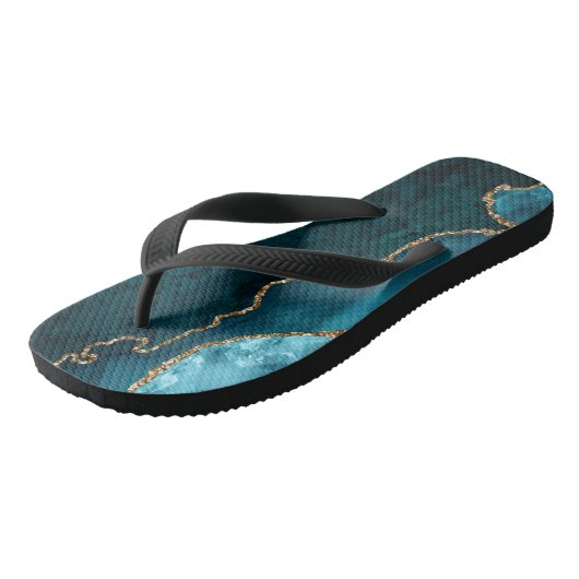 Chic Teal Gold Glitter Agate Custom Monogram ビーチサンダル (アングル)