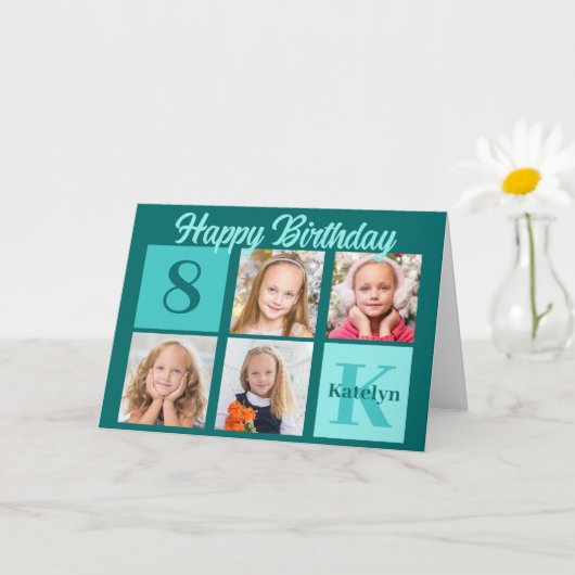Chic Teal Happy Birthday Custom Photo Collage カード (小さな植物)