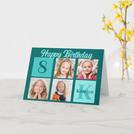 Chic Teal Happy Birthday Custom Photo Collage カード (黄色い花)