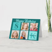 Chic Teal Happy Birthday Custom Photo Collage カード (正面)