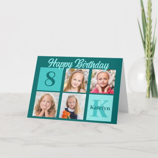Chic Teal Happy Birthday Custom Photo Collage カード (正面)