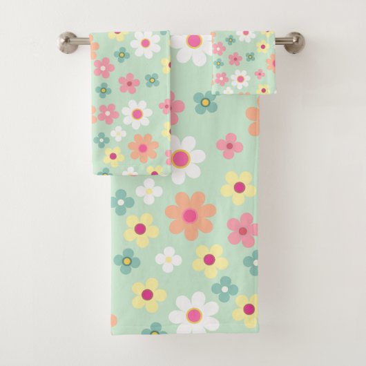 Chic teal & orang pink cute floral pattern バスタオルセット (インサイチュ)