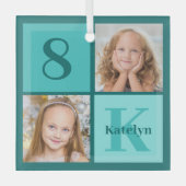 Chic Teal Photo Collage Personalized Christmas ガラスオーナメント (正面)