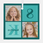 Chic Teal Photo Collage Personalized Christmas ガラスオーナメント (裏面)