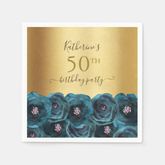Chic Teal Rose Floral Gold 50th Birthday Party スタンダードカクテルナプキン