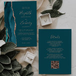 Chic Teal Rose Gold Agate QR Code Wedding 招待状<br><div class="desc">The left-hand edge of this elegant modern wedding invitation features a teal watercolor agate border trimmed with faux rose gold glitter. The customizable text combines rose pink handwriting, copperplate and italic fonts on a teal blue background. The reverse side provides space for wedding details on a solid teal background, along...</div>