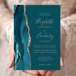 Chic Teal Rose Gold Agate Wedding 招待状<br><div class="desc">The left-hand edge of this elegant modern wedding invitation features a teal watercolor agate border trimmed with faux rose gold glitter. The customizable text combines rose pink handwriting, copperplate and italic fonts on a teal background. The reverse side features a matching teal and rose gold agate design.</div>