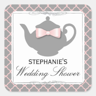 Chic Teapot Pink + Gray Bridal Shower Tea Sticker スクエアシール