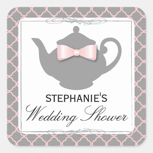 Chic Teapot Pink + Gray Bridal Shower Tea Sticker スクエアシール (正面)